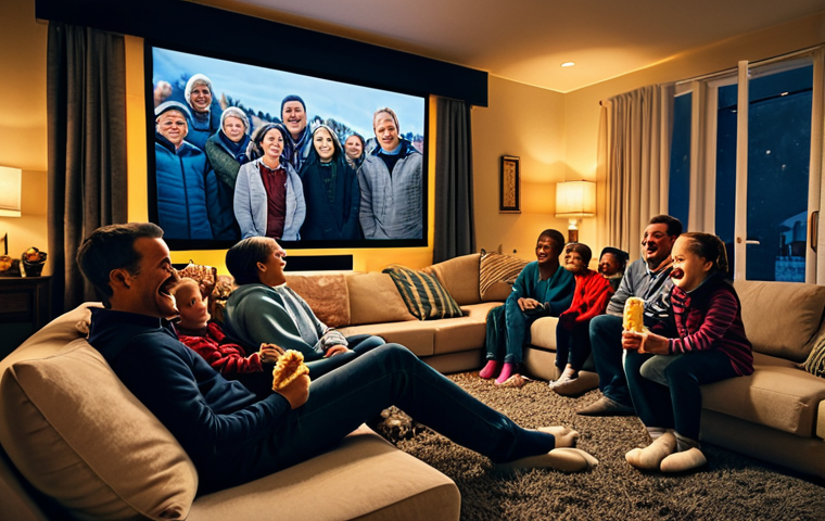 **Prompt:** A diverse family, including adults and children, gathered in a cozy living room for a movie night. They are fully clothed in comfortable, modest home attire. The room features soft, dim ambient lighting, a large screen displaying a family-friendly film, and abundant comfortable seating with plush cushions and blankets. Family members are happily sharing popcorn and drinks, some laughing, others fully engrossed in the movie. The scene captures joy and togetherness, showcasing perfect anatomy, correct proportions, and a natural pose. Well-formed hands and proper finger count are visible. Safe for work, appropriate content, fully clothed, family-friendly, professional photography, high quality.