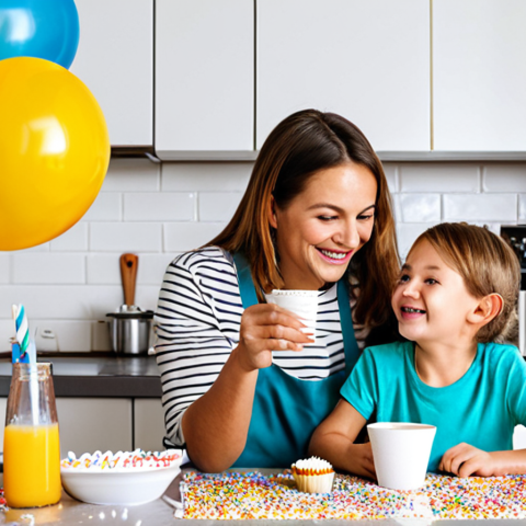 **

"A brightly lit, cozy home cafe scene. Children are cheerfully decorating cupcakes at a kitchen table covered in colorful sprinkles and icing. A parent is smiling warmly while pouring juice into a glass. Balloons and homemade banners adorn the background. safe for work, appropriate content, fully clothed, family-friendly, perfect anatomy, correct proportions, natural pose, well-formed hands, proper finger count, natural body proportions, professional, modest."

**
