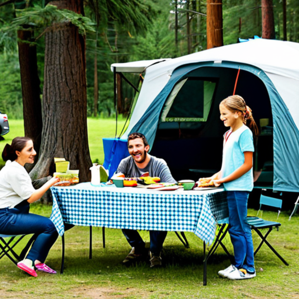 **

"A family car camping scene at a safe campground. Children are fully clothed, playing games near a tent. A mother is preparing a modest meal at a picnic table. Father is supervising, smiling. Background shows trees and other families enjoying the outdoors. Safe for work, appropriate content, family-friendly, perfect anatomy, natural proportions, high quality, professional photography, fully clothed, modest clothing."

**