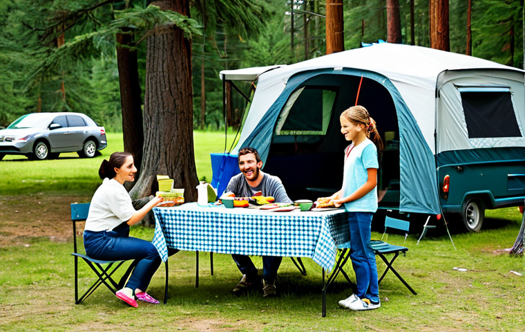 **

"A family car camping scene at a safe campground. Children are fully clothed, playing games near a tent. A mother is preparing a modest meal at a picnic table. Father is supervising, smiling. Background shows trees and other families enjoying the outdoors. Safe for work, appropriate content, family-friendly, perfect anatomy, natural proportions, high quality, professional photography, fully clothed, modest clothing."

**