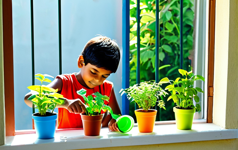 아이와 함께하는 재활용 DIY 프로젝트 - The Spark of Imagination**
A close-up, whimsical image capturing a young Indian girl, around 6-7 yea...
