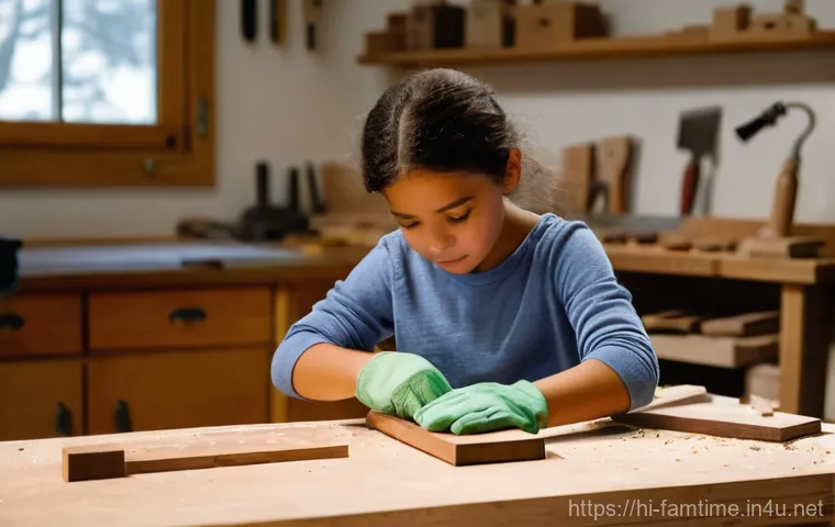 가족과 함께하는 DIY 목공 체험 - **Prompt:** A heartwarming scene of a family woodworking project. A father and his daughter (around ...