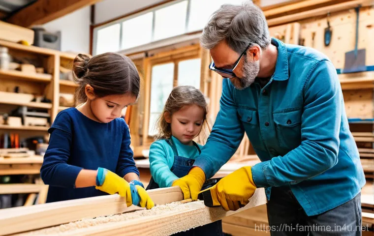 가족과 함께하는 DIY 목공 체험 - **Prompt:** A heartwarming scene of a family woodworking project. A father and his daughter (around ...