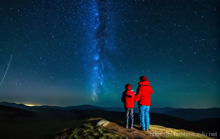 가족과 함께하는 별자리 관찰 - Image Prompt 1: Family Stargazing Adventure Under a Cosmic Sky**