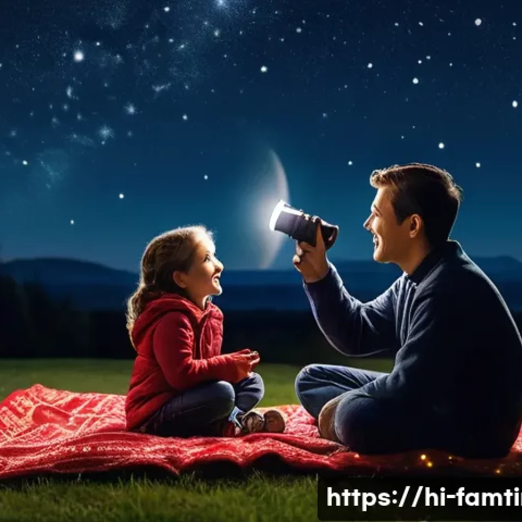 아이와 함께하는 천문 관측 - **Prompt:** A cozy family stargazing night. A father, mother, and their two children (a boy and a gi...