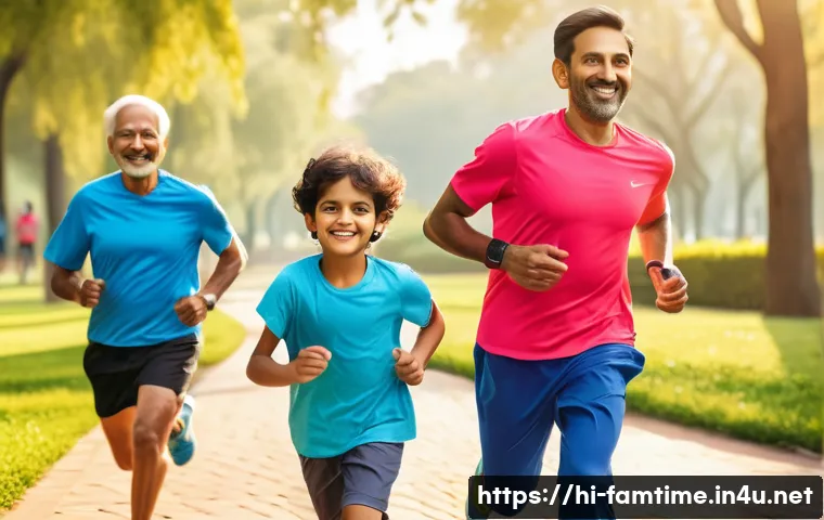 가족과 함께하는 마라톤 대회 - A diverse Indian family running together in a vibrant outdoor marathon setting, wearing colorful ath...