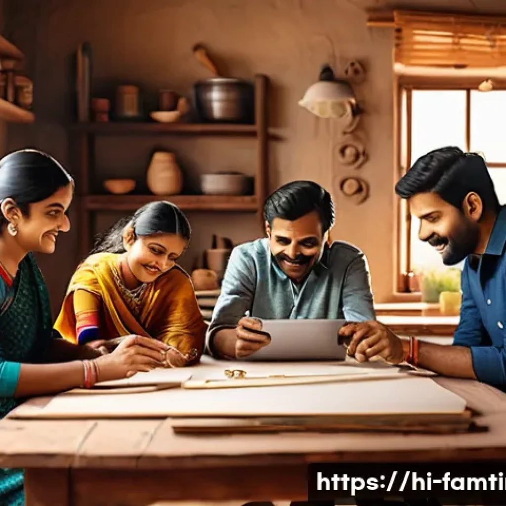 부모님과 함께하는 가구 만들기 - A warm family scene in a cozy Indian home workshop, multiple family members including adults and chi...