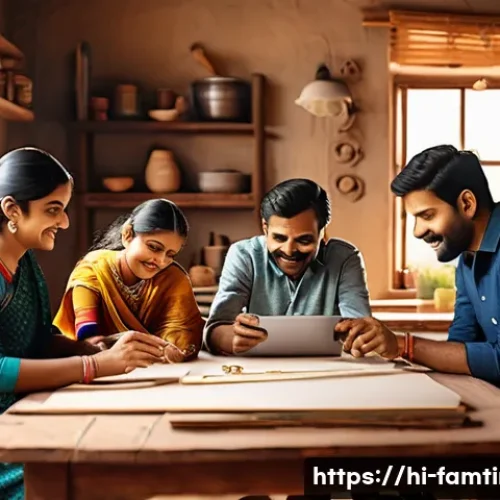 Home 13 부모님과 함께하는 가구 만들기 - A warm family scene in a cozy Indian home workshop, multiple family members including adults and chi...