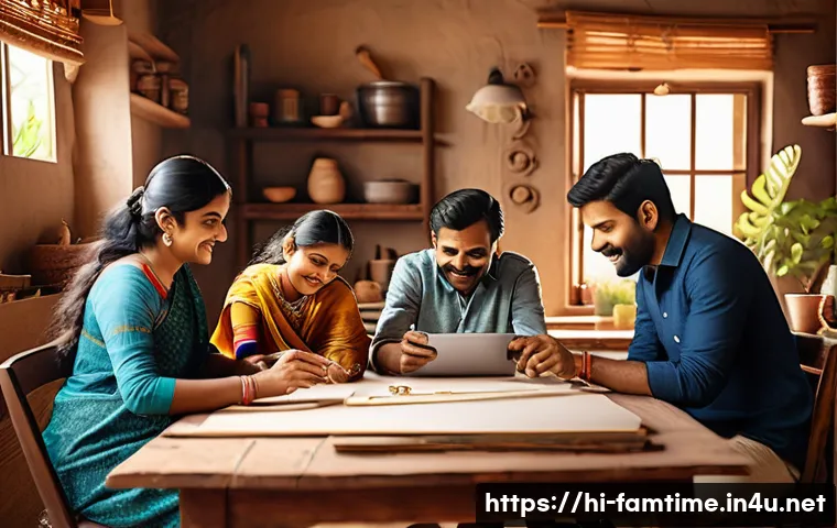 부모님과 함께하는 가구 만들기 - A warm family scene in a cozy Indian home workshop, multiple family members including adults and chi...