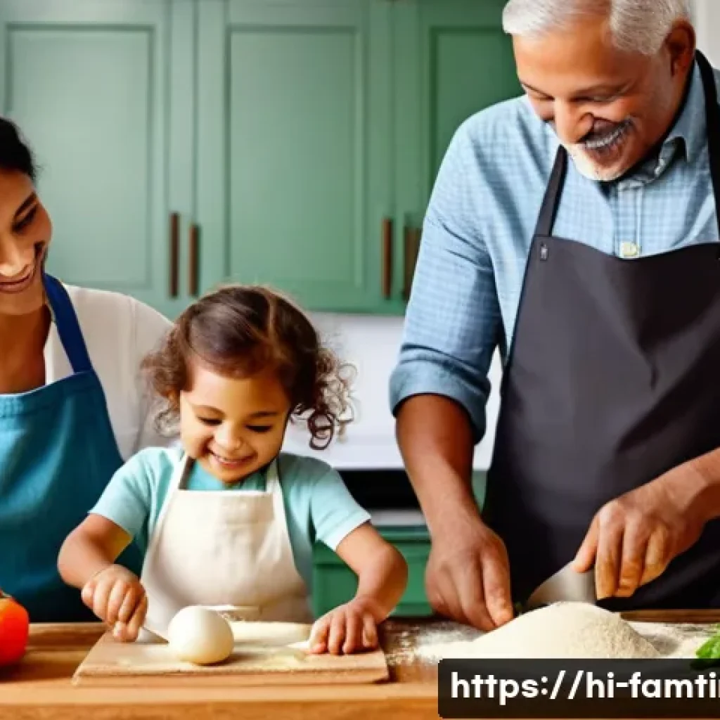 가족이 함께하는 쿠킹 클래스 - A warm, vibrant family kitchen scene featuring multiple generations cooking together: a grandfather ...