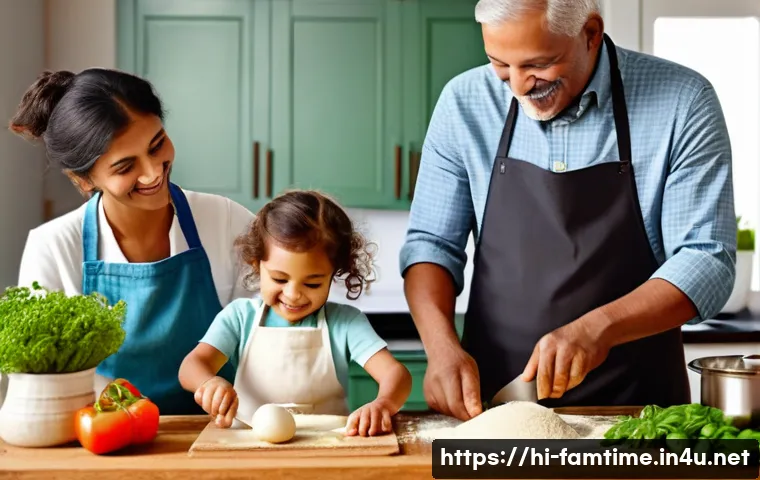 가족이 함께하는 쿠킹 클래스 - A warm, vibrant family kitchen scene featuring multiple generations cooking together: a grandfather ...