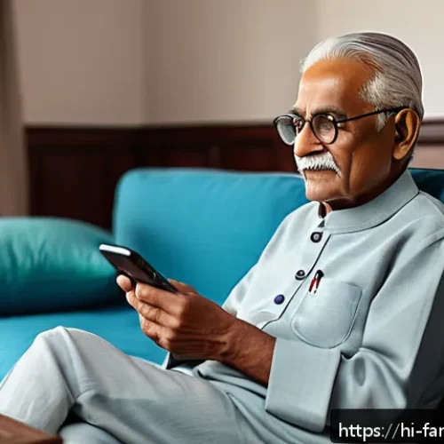 부모님을 위한 스마트폰 활용법 - An elderly Indian man with gentle wrinkles and silver hair, sitting comfortably in a well-lit living...