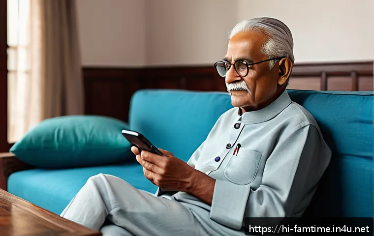 부모님을 위한 스마트폰 활용법 - An elderly Indian man with gentle wrinkles and silver hair, sitting comfortably in a well-lit living...