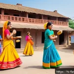온 가족이 함께하는 지역 축제 탐방 - A vibrant scene of a small North Indian village festival called "Jhoomar Mahotsav," featuring famili...