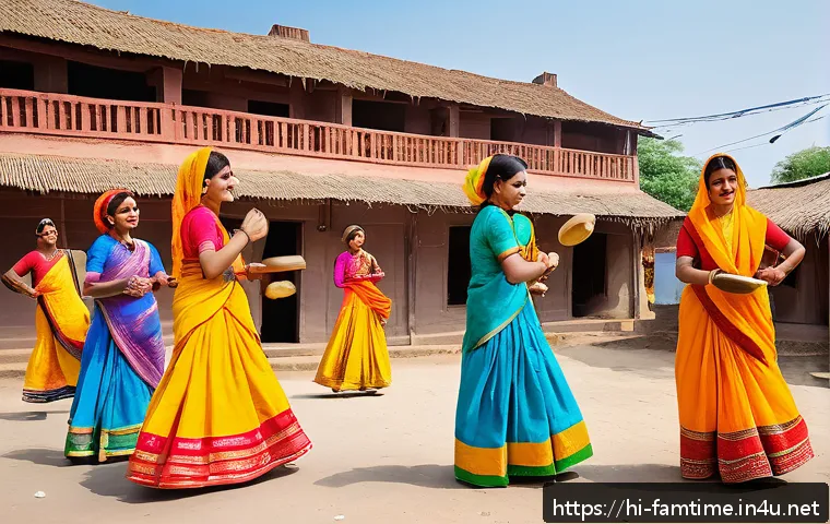 온 가족이 함께하는 지역 축제 탐방 - A vibrant scene of a small North Indian village festival called "Jhoomar Mahotsav," featuring famili...