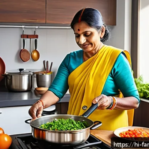 부모님과 함께하는 건강 요리 교실 - A bright, clean modern kitchen with traditional Indian cookware such as a tawa, kadhai, steamer, and...