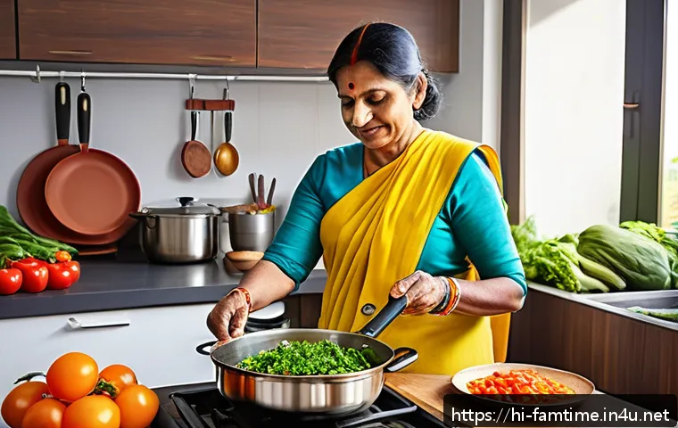 부모님과 함께하는 건강 요리 교실 - A bright, clean modern kitchen with traditional Indian cookware such as a tawa, kadhai, steamer, and...