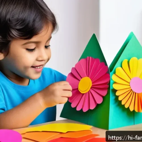 아이와 함께하는 페이퍼 크래프트 - A vibrant and colorful children’s paper craft scene showing a young child carefully folding and cutt...