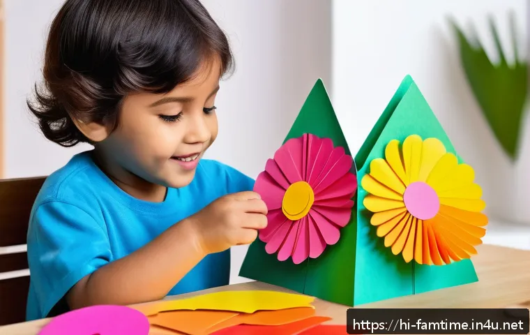 아이와 함께하는 페이퍼 크래프트 - A vibrant and colorful children’s paper craft scene showing a young child carefully folding and cutt...