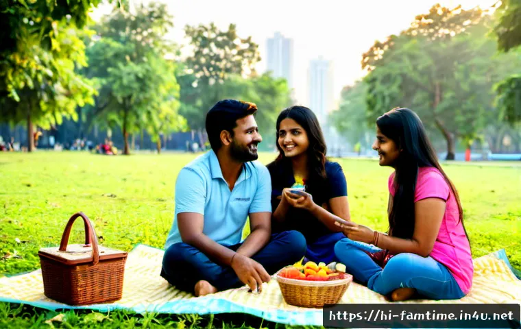 Home 17 가족과 함께하는 도심 속 피크닉 - Photorealistic urban family picnic in a leafy city park, Indian parents and two children sitting on ...