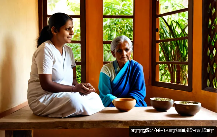 Home 17 부모님과 함께하는 한방 치료 체험 - Photorealistic Indian family wellness consultation, an adult daughter accompanying her elderly paren...