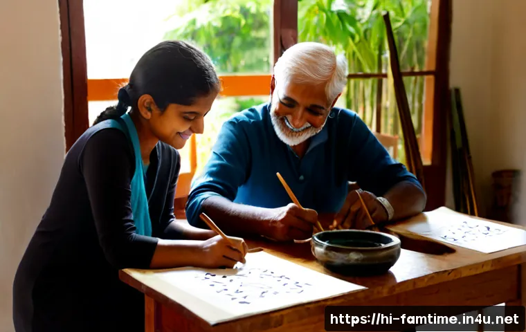 가족과 함께하는 캘리그래피 클래스 - Photorealistic Indian family of three generations enjoying a calligraphy class together at a bright ...
