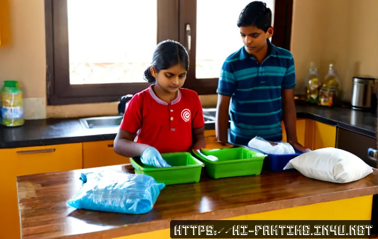 가족과 함께하는 친환경 생활 실천 - Photorealistic Indian family of three sorting clean household recyclables into clearly separated unb...